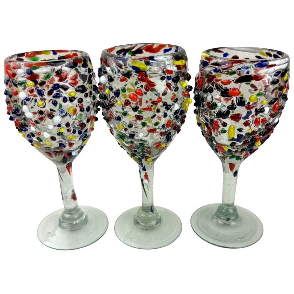 Hand Blown Colorful Textured Confetti Ball Wine Glass Mexican Glasses Lot of 3